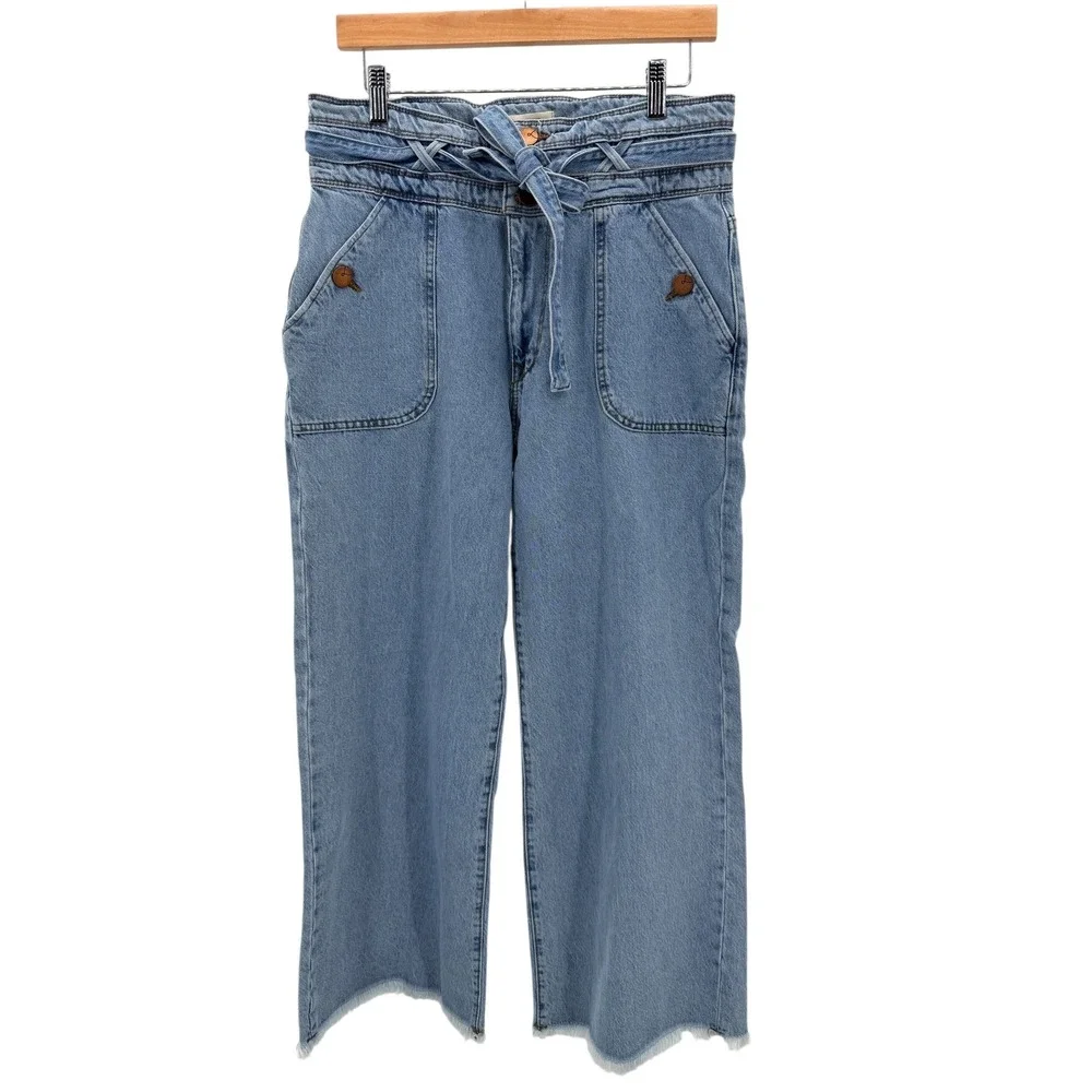 Lola Reese Jeans High‎ Rise Wide Leg Crop Jeans Light Wash Belted Womens Size 30